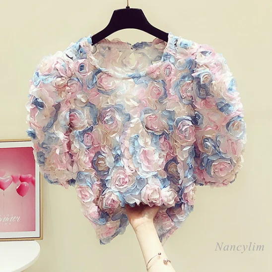 

2021 Summer New Color Three-Dimensional Flower Puff Sleeve Princess Top Women's Chiffon Mesh Blouse Lady Crop Top Blusa