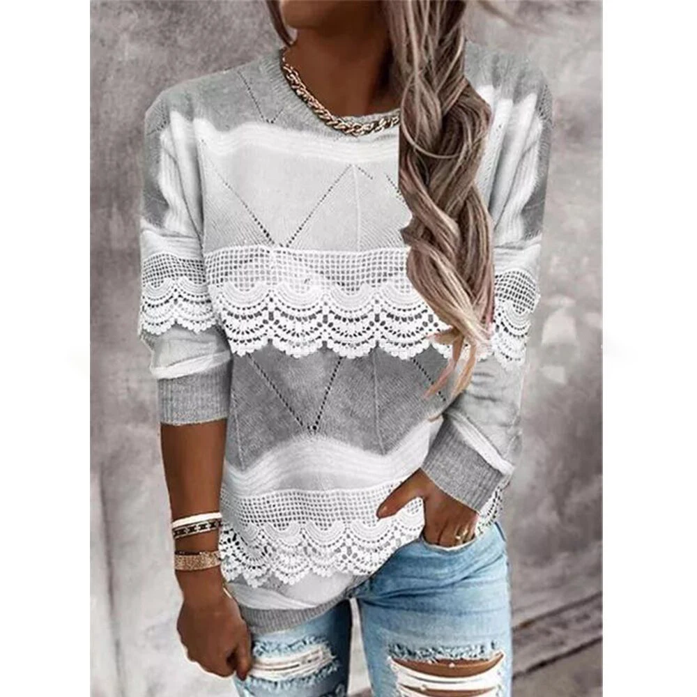

2021 Spring and Autumn New Women's Round Neckline Pullover Color Block Loose Casual Printing Lace Bottoming Shirt Top