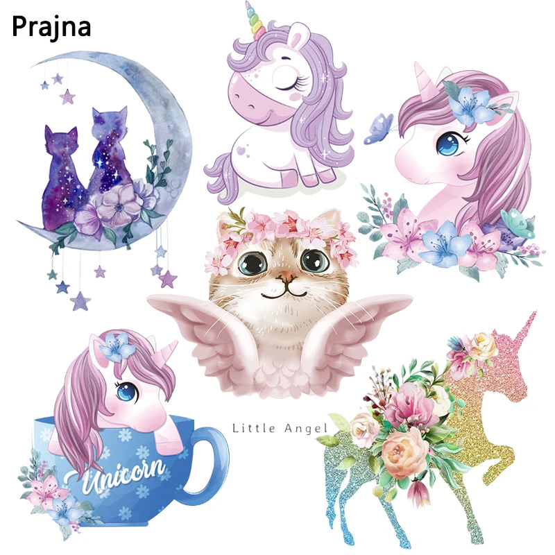 

Cute Cat Angel Applique Unicorn Patches On Clothes Heat Trasnfer Thermal Stickers Iron-On Transfers For Clothing Print Washable