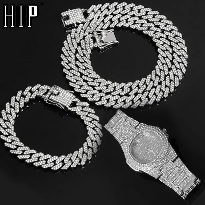 

HIP 12MM Prong Necklace +Baguette Watch+Bracelet Hip Hop Prong Cuban Chain Iced Out Paved Rhinestones CZ Bling For Men Jewelry