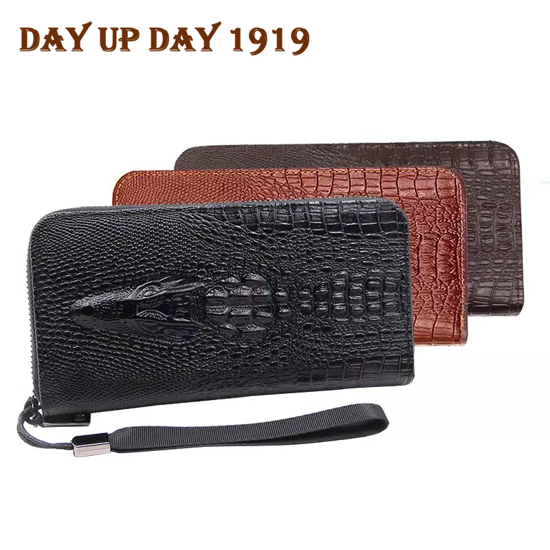 

New Retro Men's Crocodile Pattern Wallets Handbag Cow Leather Long Wallet Card Holder Wallet Business Clutch Bag