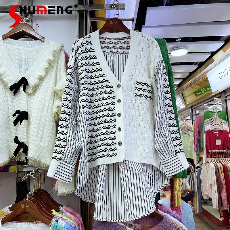 

2021 New Early Autumn European Striped V-neck Shirt Women's Fashion Office Lady Stitching Sweater Long Sleeve Loose Blusas Top