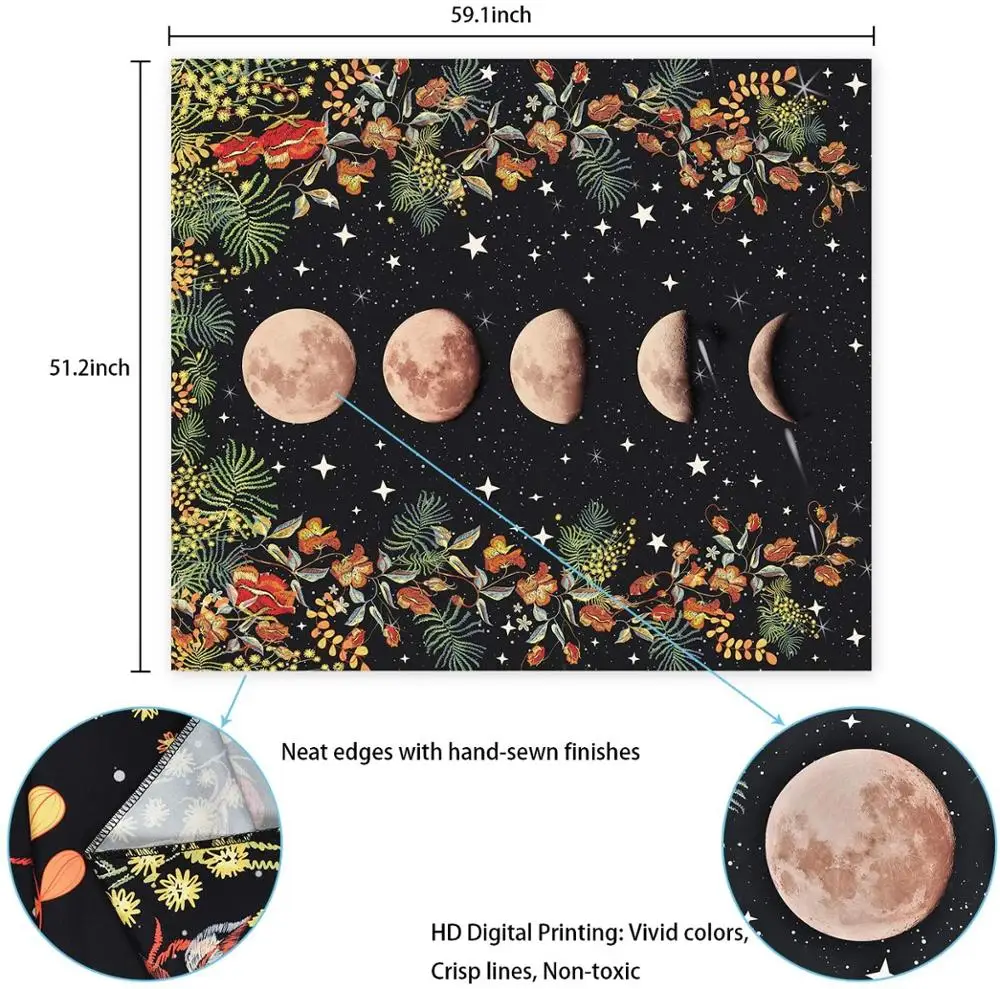 

LUCKYYJ Moonlit Garden Tapestry, Moon Phase Tapestry Flower Vine Tapestry Black Background Floral Tapestry Wall Hanging for Room