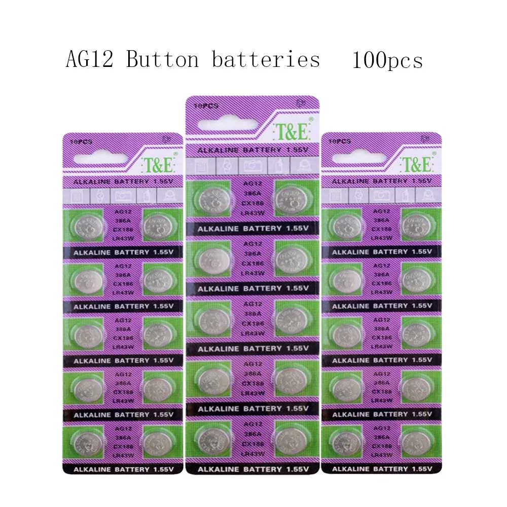 

100pcs=10Card 100mAh AG12 1.55V Alkaline Battery LR43 SR43 260 386 For Watch Coin Cell Batteries