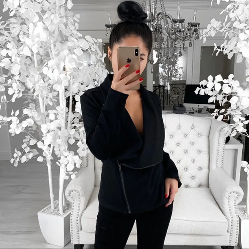 Женская Осенняя мода 2019 куртка с необычным воротником однотонная на молнии