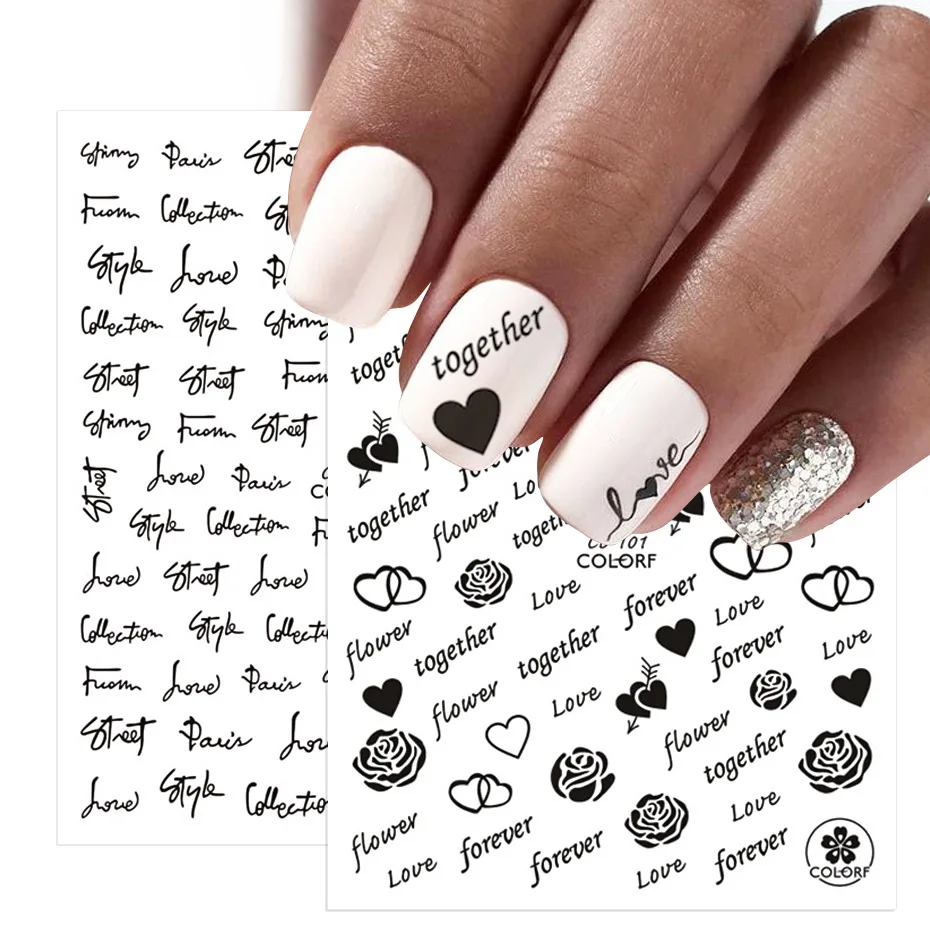 

1 Pc New Valentine's Day Nail Sticker Love Rose English Letters Gold, Silver and Black Adhesive Nail Sticker DIY Nail Decoration