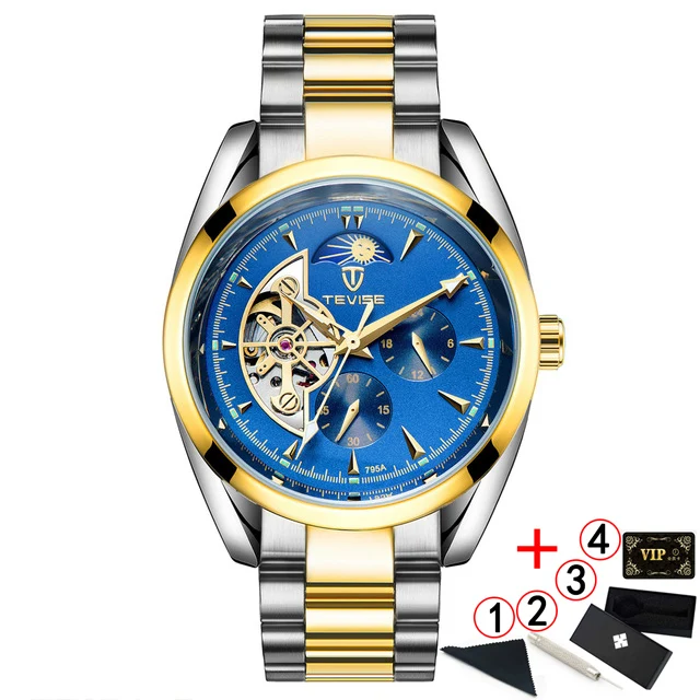 blue gold box TEVISE автоматические часы Tourbillon механические часы мужские часы деловые наручные часы Мужские часы со скелетом montre homme - Цвет: blue gold box