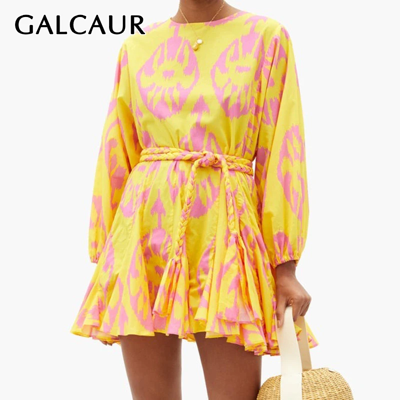 

GALCAUR Hit Color Print Dress For Women O Neck Lantern Sleeve High Waist Lace Up Bowknot Mini Dresses Female 2020 Summer New