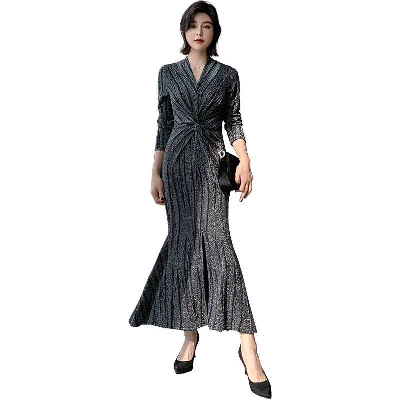 

Elegant Long Sleeve front cross Dress Stretchy Sexy female Slim high waist Party Dress