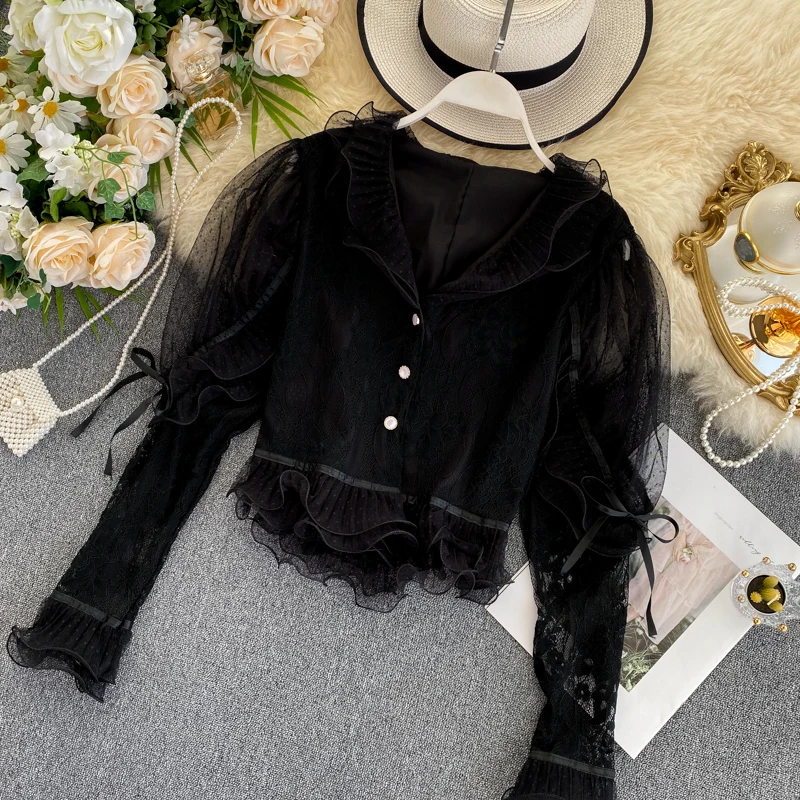 Весна 2020 новинка Женская газовая блузка с v образным вырезом и рукавами