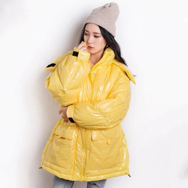 

Fitaylor 2020 Winter Women Bright Color Hooded Oversized Down Coat 90% White Duck Down Parkas Stand Collar Warm Snow Outwear