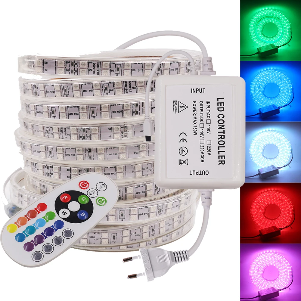 Лента светодиодная водонепроницаемая 220 В перем. Тока 120 светодиодов s/m 5050 RGB |