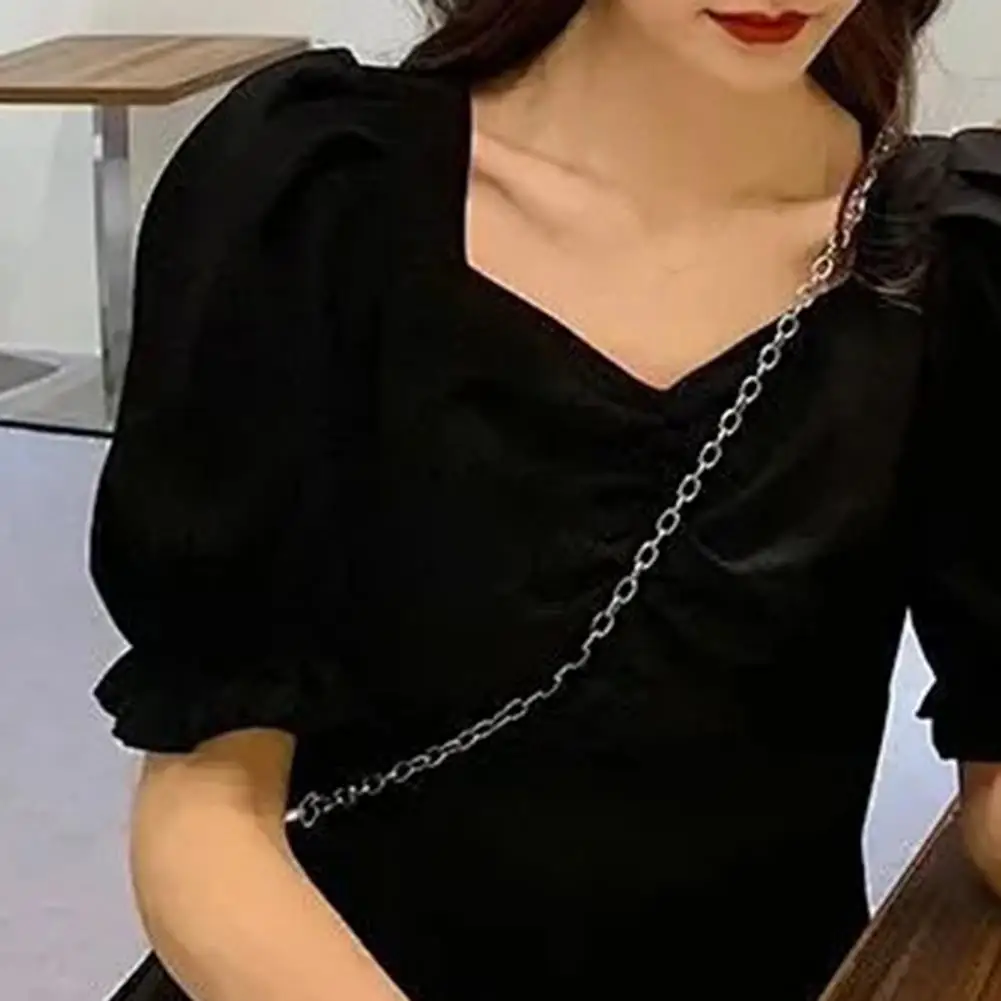 

Women Dress Puff Sleeve Split Design Polyester French Style Sexy Summer Dress for Date