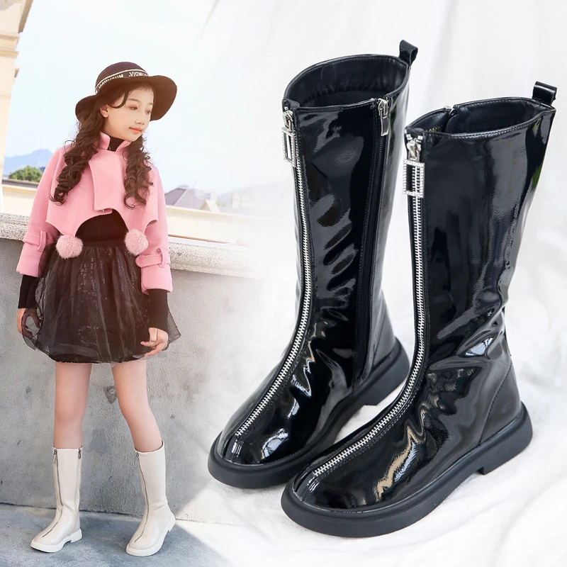 Kids Patent Leather Boots Mid-calf Fashion Flat Spring Winter Dress Shoes Bright Color Girls British Style Retro Footwear |