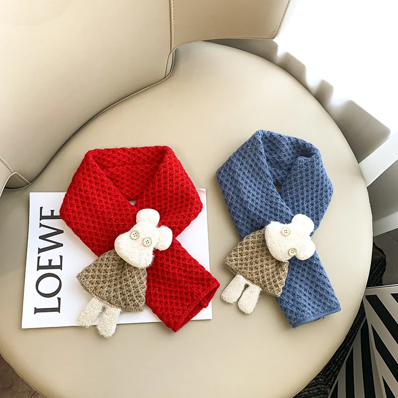 

Cute Cartoon Pattern Children's Color Matching Wool Scarf Autumn and Winter New Trendy Boys and Girls Knitted Cross Bib