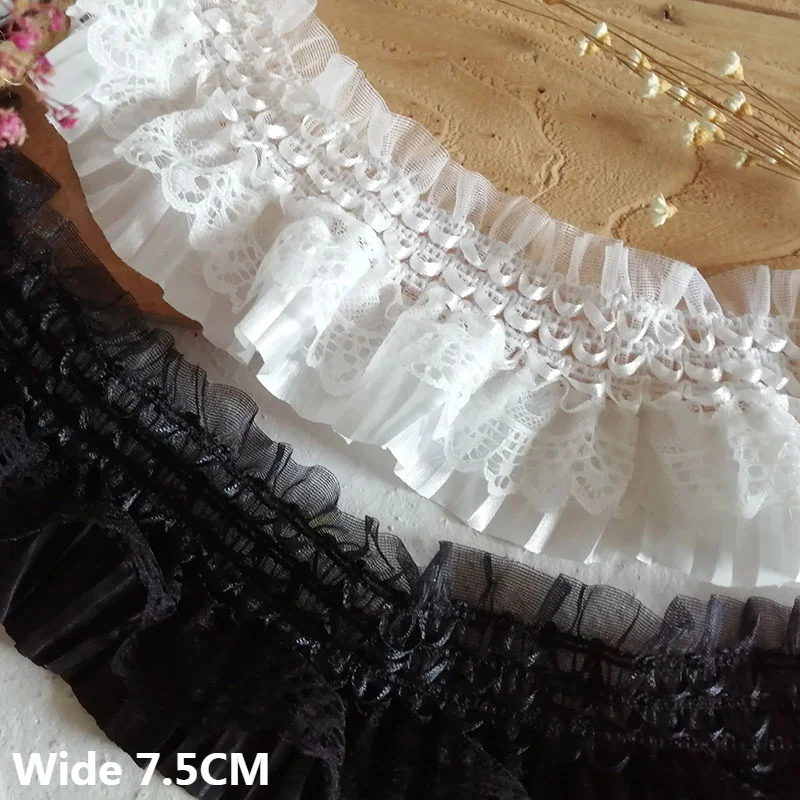 

7.5CM Wide White Black Chiffon Stretch Lace Fabric Ribbon Collar Cuffs Elastic Ruffle Trim Apparel Curtains DIY Sewing Supplies