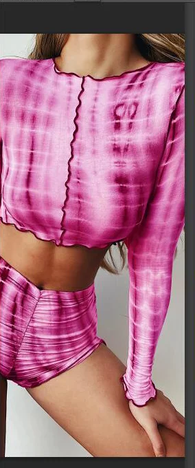 

Women's 2 Piece Tie-dye Outfit Sets, Round Neck Long Sleeve Crop Top + Short Pants Casual Clothes Suits