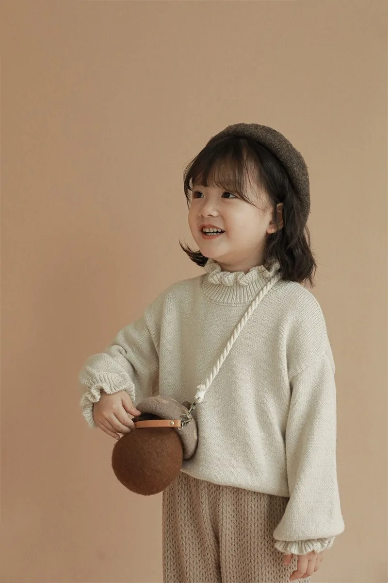 

Girls Pullover Puff Sleeve Sweater Children Spring and Autumn Solid Color Cotton Sweet Wooden Ear Collar Clothes Top Clothes