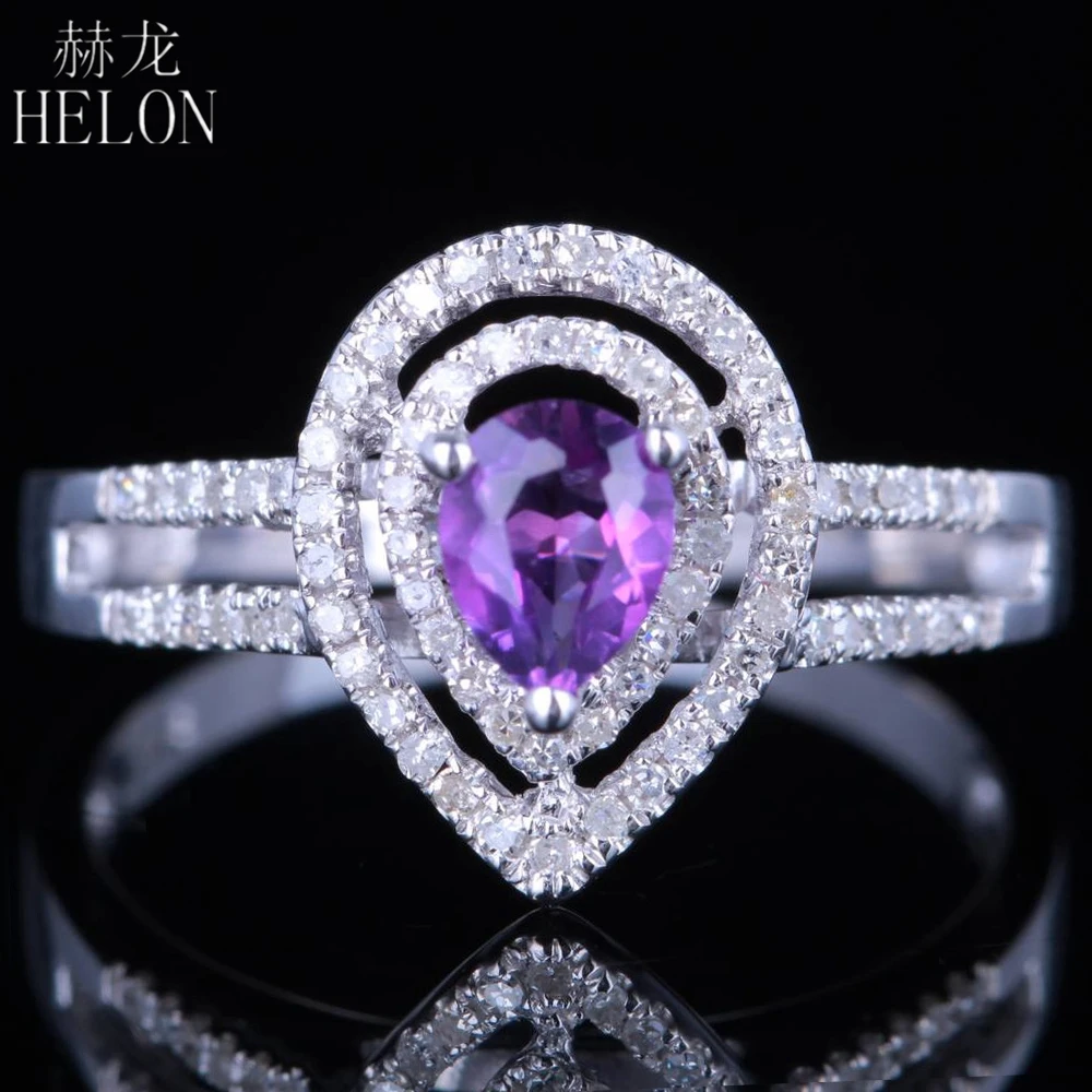 

HELON Solid 10K White Gold Flawless Pear 5x4mm Genuine Amethyst Diamonds Women Engagement Wedding Fine Jewelry Diamond Ring