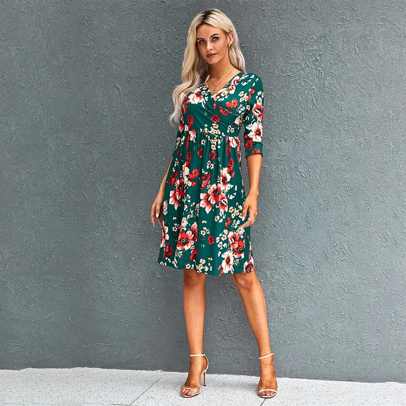 

Женское шифоновое плиссированное платье макси, длинное пляжное платье с цветочным принтом, высокой талией, V-образным вырезом и длинным рук...