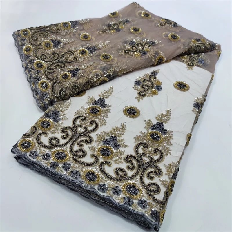 

Африканский тюль 2022, элегантное Кружевное французское модное женское платье с бисером, текстурированное роскошное тюль с блестками ручной ...