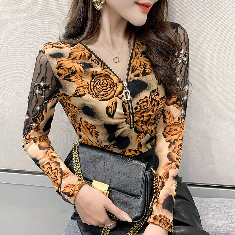 

Fall Winter European Clothes T-Shirt Chic Sexy V-Neck Zipper Print Elastic Women Tops Long Sleeve Spliced Tees