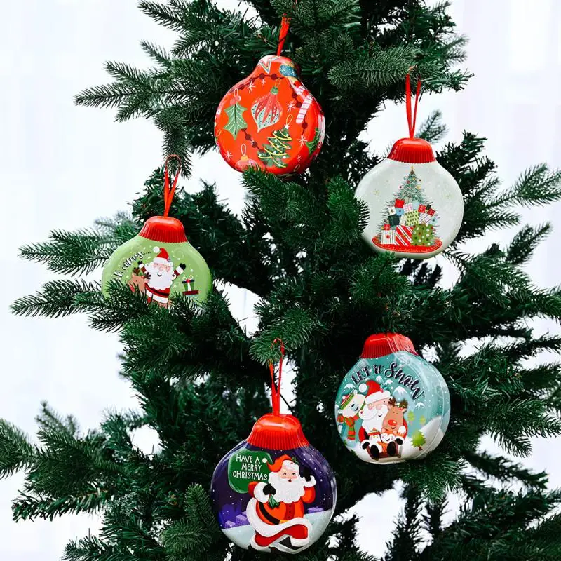 

2022 Christmas Tinplate Round Candy Box Cookies Container Hanging Decoration Gift Christmas Decor Candy Tin Gift Box Cookie Jar
