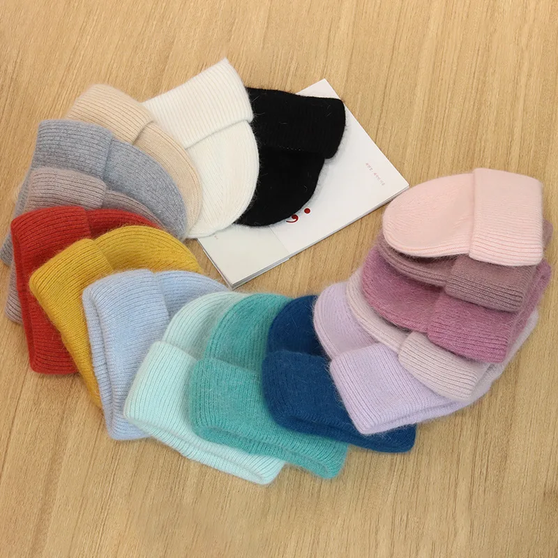 

Angola Rabbit Fur Hat Children Autumn and Winter Knitted Hat Korean All-Match Warm Earflaps Hat Pure Color Japanese Beanie Hat