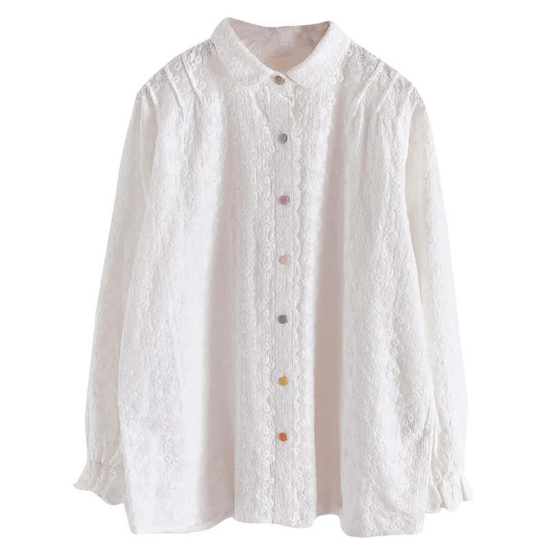 

Lace Embroidery Women Shirts Loose Button Elegant Office Lady Outwear Tops