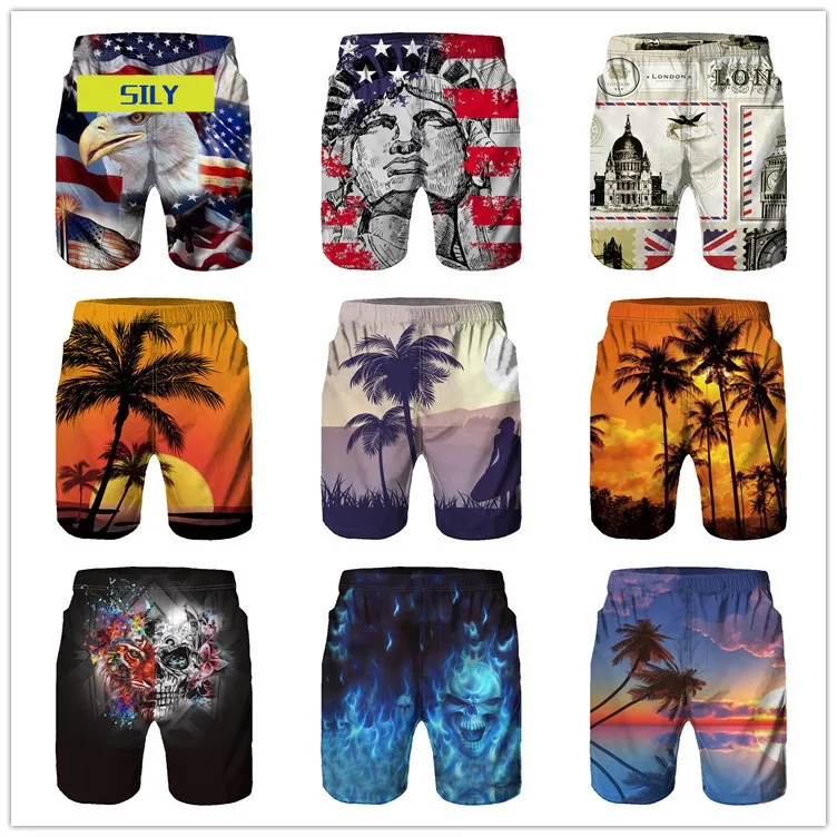 

Spring and Summer New 3D Flame Blue Skull Dusk Tree Eagle Print Men's Fashion Personalized Beach Shorts