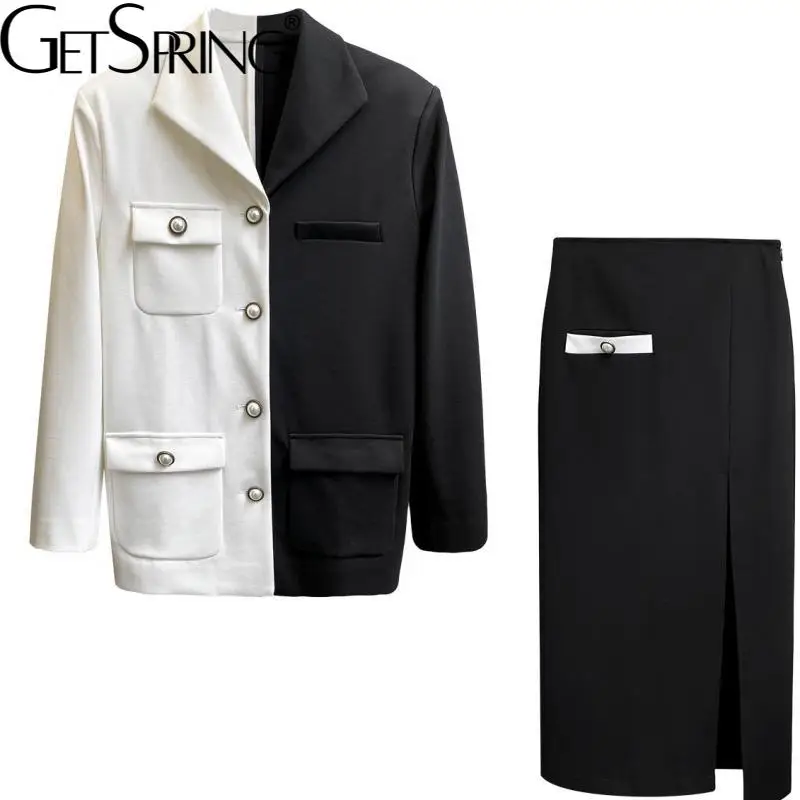 

Getspring Women Set Color Matching Black White Retro Blazer Coats Split High Waist Long Skirts Spring/autumn Two-piece Suit 2021