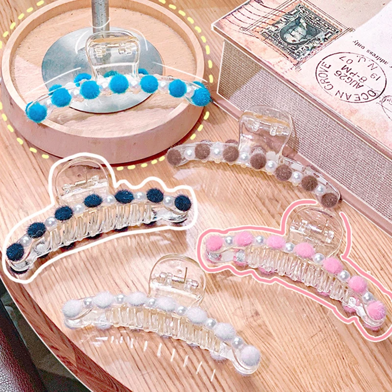 

Colorful Fur Balls Hair Claws Large Transparent Hair Claws Women Kids Candy Color Pompom Barrette Pearl Makeup Hair Accessories