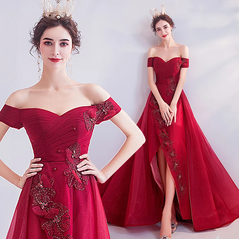 Красное вино А силуэт разрез ноги Тюль Кружева цветы алмаз Длинные Формальные