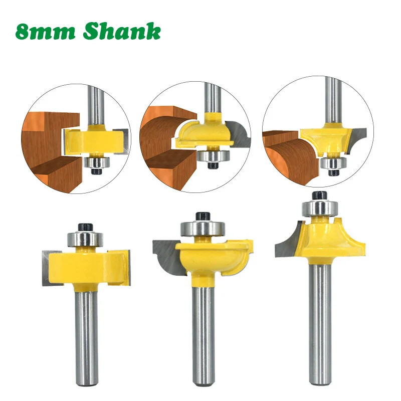 

3PC/Set 8MM Shank Milling Cutter Wood Carving Router Bits Set Beading Bit Round Over Bead Frame Door T V Shape Milling Cutter