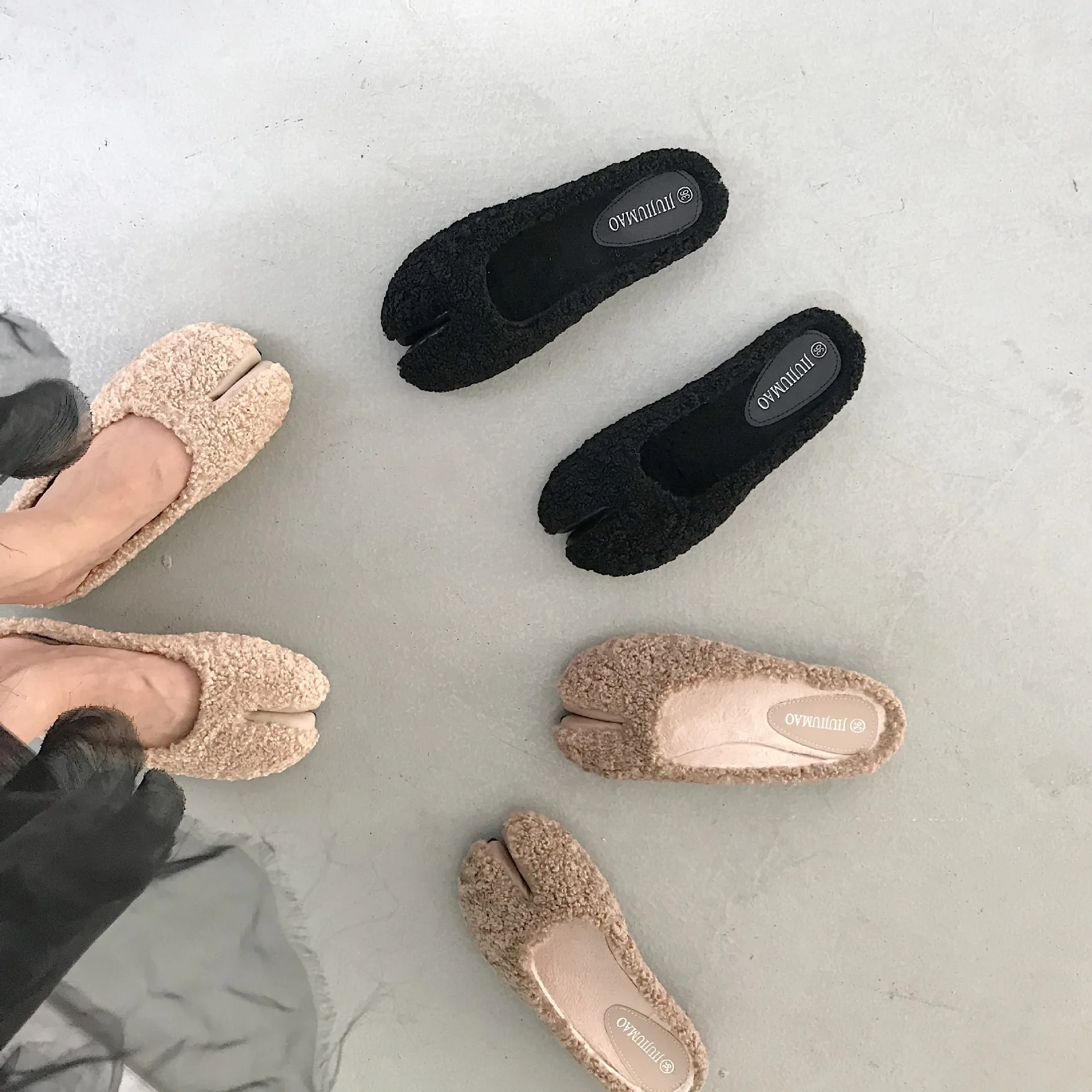 Таби ниндзя/тапочки зимняя хлопковая обувь из флока с вьющимся мехом Короткие