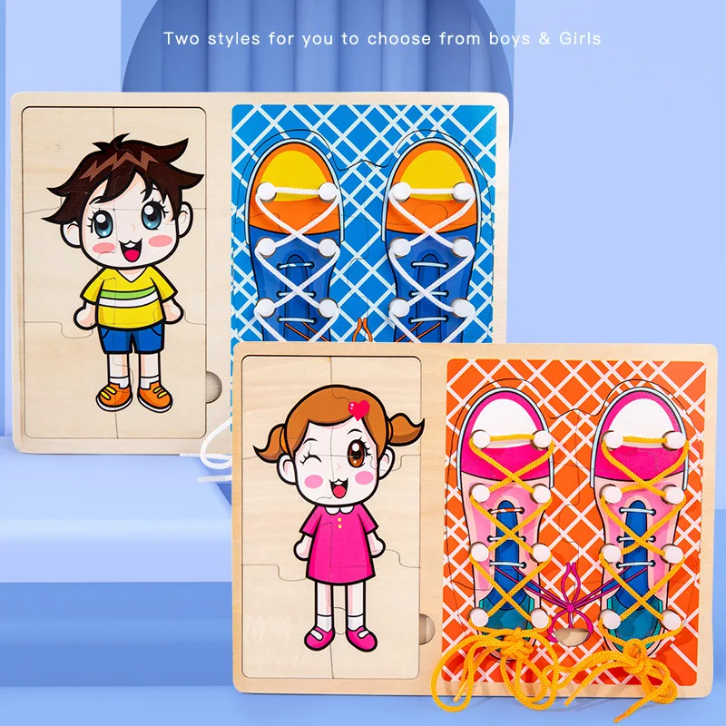 

Детская игрушка Монтессори Деревянные шнурки игрушки для мальчиков и девочек Практика носить шнурки весело головоломки детсада подарок
