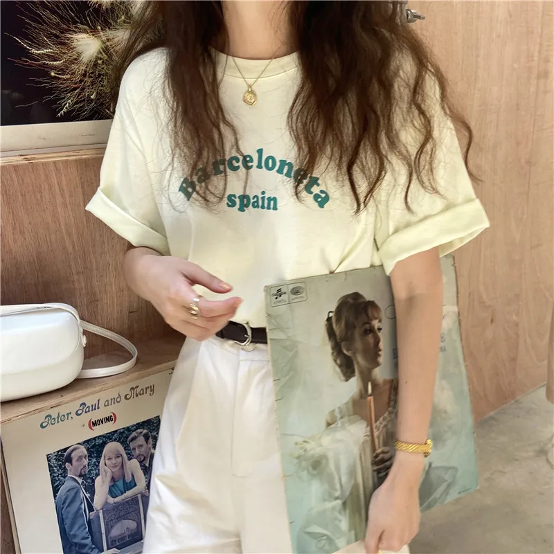 

Hzirip O Neck All-Match Fashion Thin Letters Ladies 2021 Summer New Solid Color Korean Casual Printing Short-Sleeved T-Shirt