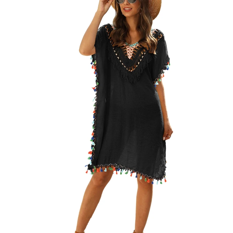 

Summer Hand Hook Stitching Color Tassel Sexy Backless V-Neck Beach Sunsn Blouse Black