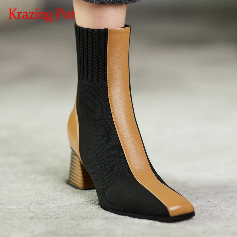 

Krazing pot Chelsea boots cow leather patchwork knitting square toe thick med heel slip on beauty lady dress mid-calf boots L19