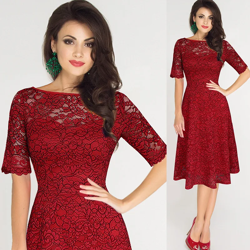 

Women Solid Color Elegant Lace Hollow Out Formal Dress New Arrival Sexy Vintage Classical