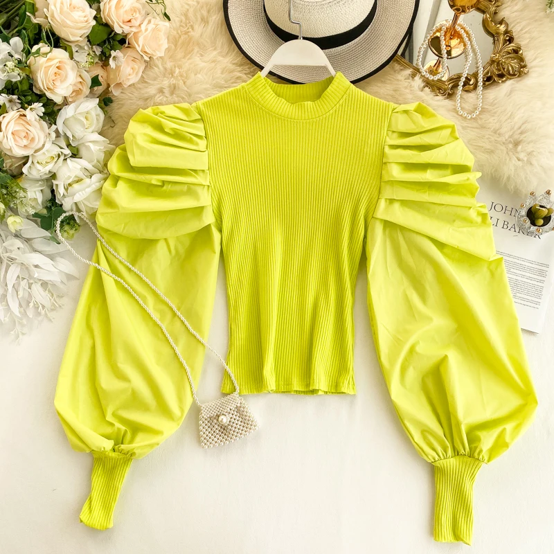 2019 Осенняя модная женская элегантная эластичная однотонная блузка с пышными