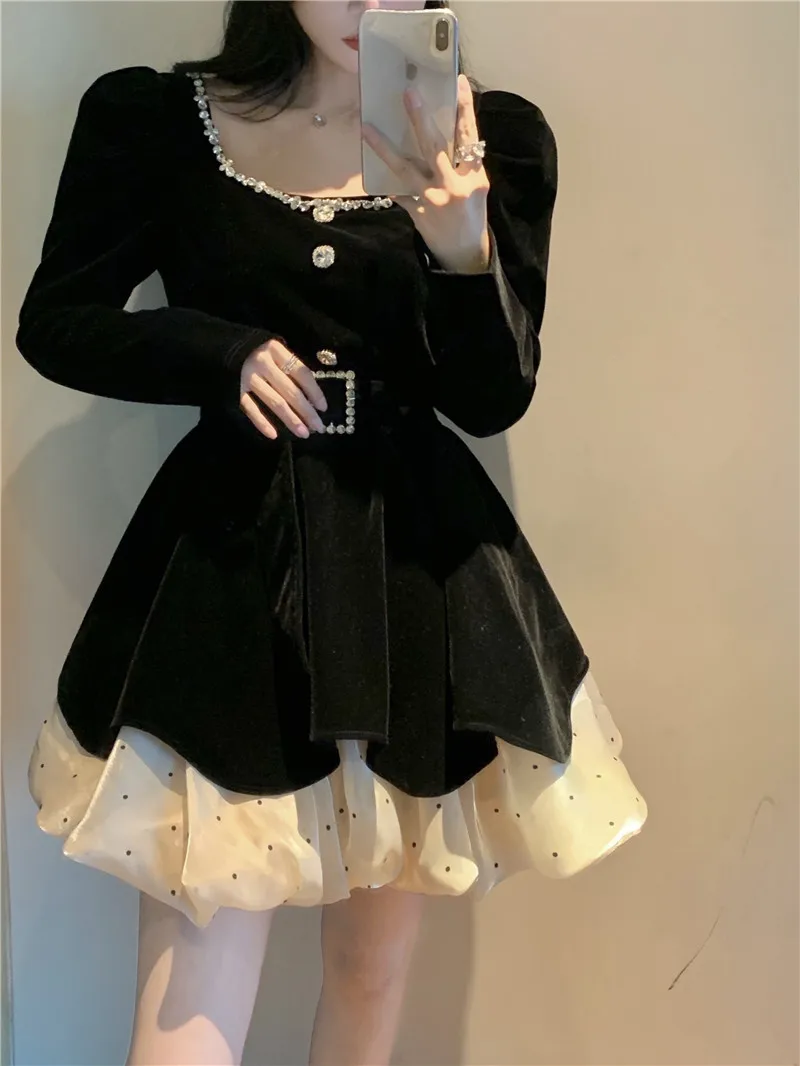 New Year 2022 Party Black Sexy Mini Dress Long Sleeve Rhinestone Square Collar Polka dot Velvet Dresses For Woman Ladies Clothes | Женская