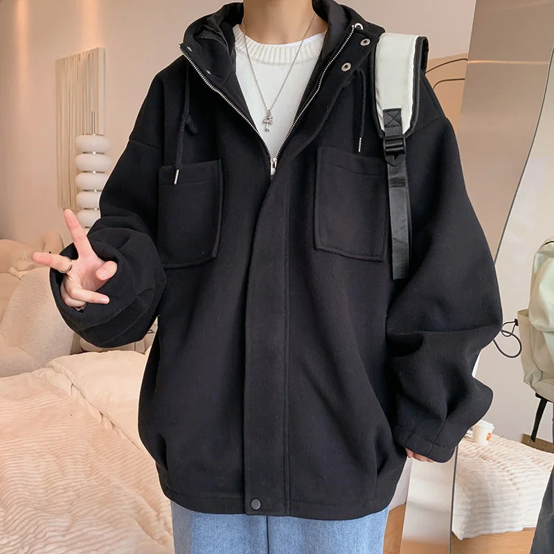 

Korean Lapel Woolen Hooded Jacket Men's Loose Short Coat 2021 Autumn Winter Thickening Tops Fashion Casual Clothes For Male New