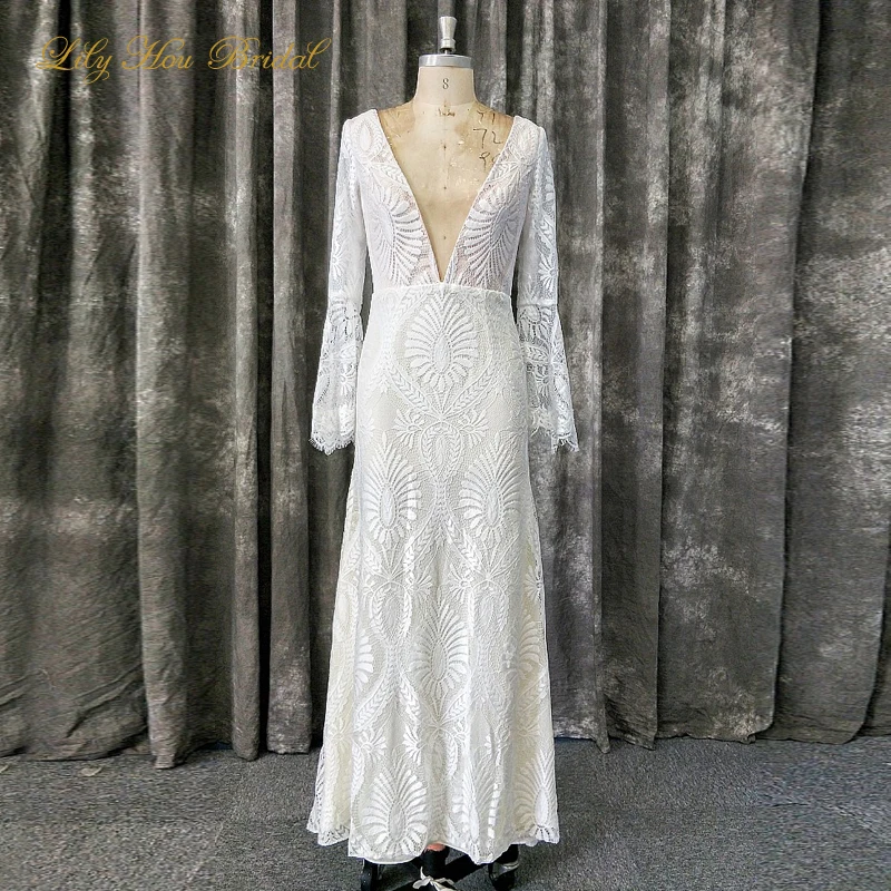 

Actual Image Boho Lace Bohemian Wedding Dress Deep V Neck Flare Sleeves Country Style Backless Bride Gown