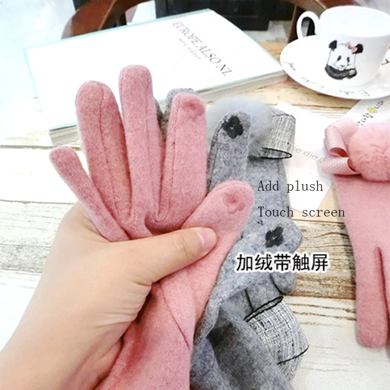 

New winter with touch screen five fingers ladies bowknot rabbit fur ball points cute thick warm gloves A30