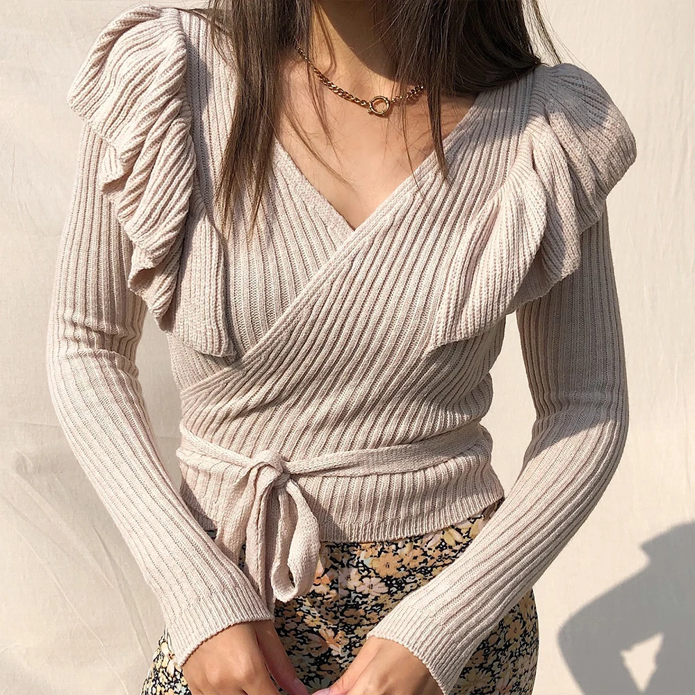

Fashion Sexy V Neck Ruffles Knitted Cardigan Sweater Women 2020 Autumn Casual Long Sleeve Slim Solid Lace Up Chic Sweater