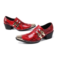 genuine leather men shoes gold square toe dress shoes slip on red printed wedding party high heels