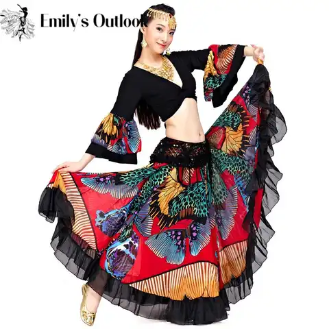 720 градусов Цыганская юбка с цветочным принтом Одежда для танца живота костюм для танца живота одежда фламенко Бесплатная доставка