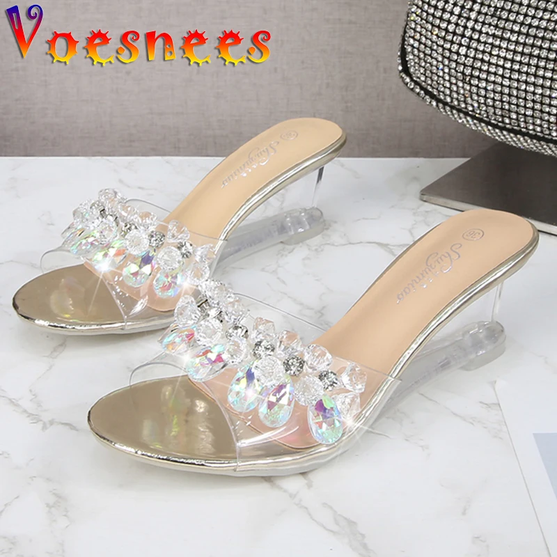 

String Bead Slippers Women Fashion Rhinestones Clear Sandals Heels 2021 Summer New Non-slip Wedges Slides Female Model Shoes