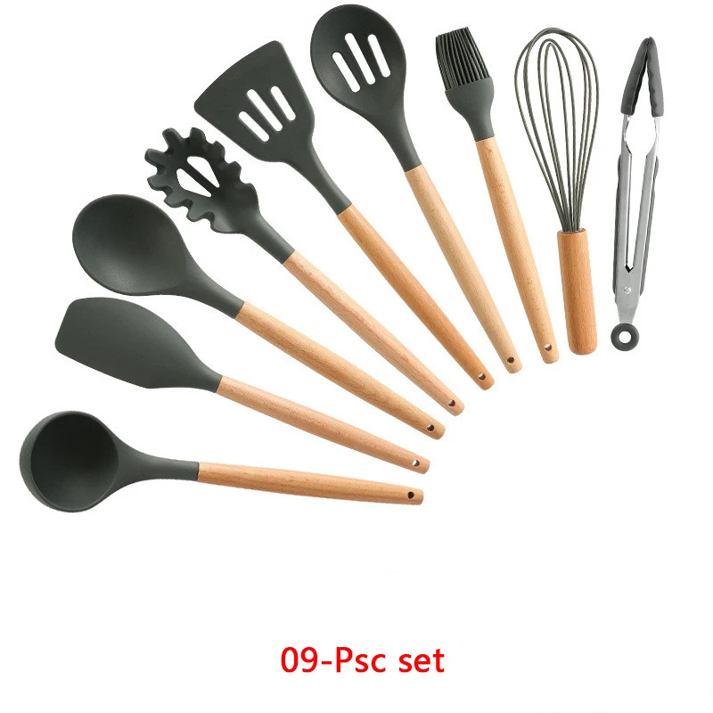 9-Pcs kitchen set 11-13 шт Силиконовая кухонная утварь набор кухонной утвари антипригарный шпатель Премиум деревянная ручка с ящиком для хранения кухонные инструменты - Цвет: 9-Pcs kitchen set